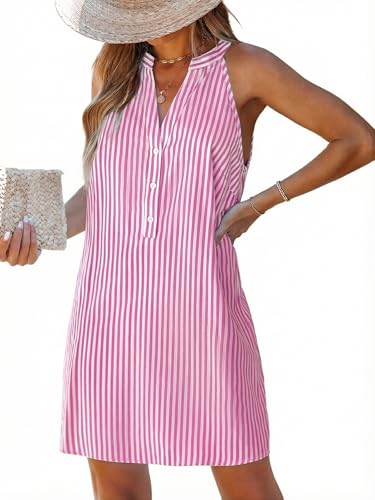 Image of CUPSHE Womens Summer Dresses V Neck Sleeveless Striped Button Up Mini Casual Coverup Dress