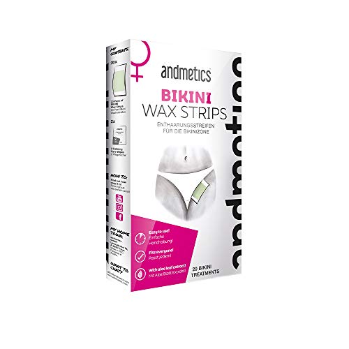 andmetics BIKINI wax strips: Kaltwachs Enthaarung Streifen Bikinizone mit Aloe Blatt Extrakt - 4 Wochen glatte Haut - 20 Streifen
