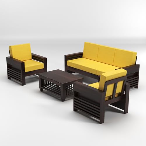 Image of Sheesham Wooden 5 Seater Sofa for Living Room | Rosewood 5 Seater Cushion Sofa with Side Teapoy for Home & Office | Solid Wood Sofa Set for Lounge (Walnut,Grey,3+1+1 Seater)