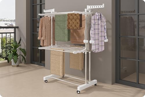 Image of Amiraj Premium Stainless Steel Clothes Drying Stand | 2 Tier 2 Pole Foldable Laundry Rack with Wheels & Sock Holder | Heavy Duty Indoor & Outdoor Cloth Dryer for Balcony, Terrace & Home - White