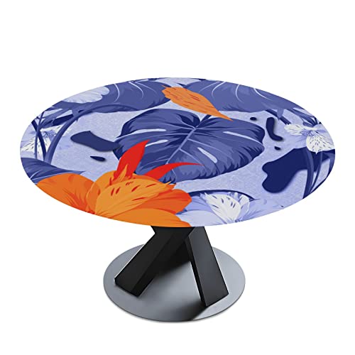 Pnyoin Blue And Bright Orange Tropical Flowers Round Tablecloth, Waterproof Elastic Fitted Wipe Clean Table Cover For Outdoor/Indoor Use Fits Tables Up To 40" - 48" Diameter #TOP2