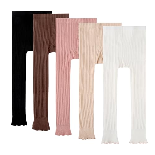 Meeshine 5 Pack Toddler Girls Cotton Footless Tights Cable Ribbed Knit Ruffle Leggings Stocking Pants for 1-8T Kids