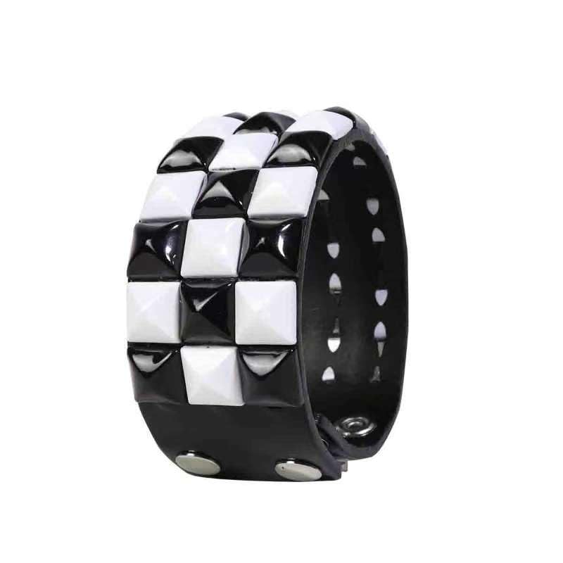 Black White Punk Genuine Leather Bracelet Cuff with Spikes Studs Rivets - Adjustable Metal Wristband for Men Women, Gothic Halloween Accessories4