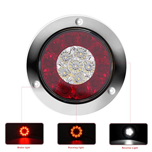 Auovo Round LED Truck Trailer White/Red Taillights with Stainless Steel Rings DC 12V Waterproof Stop Brake Running Reverse Backup Lights Tail Lamps for RV Trailer (2 Pcs Red/White) - Thumbnail 4