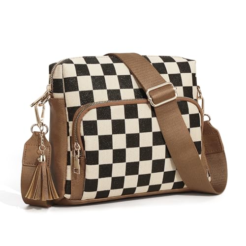 Image of Sling Bag Crossbody Bags For Women Plaid Striped Fanny Packs Chest Bag for Work Shopping (Brown) (Multi-Pocket Bag)
