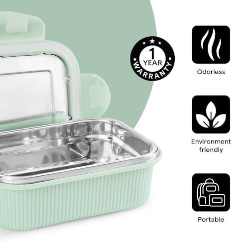 Image of Larah by BOROSIL Freshbyte Food Storage Container with Airtight Stainless Steel Lid | Fridge Container for Lunchbox | Food Grade | Microwave Safe (Green, 400 ml, Rectangular)