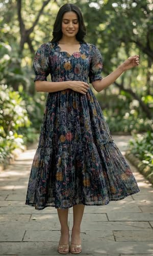 Image of Sun Fashion And Lifestyle Chanderi Printed Dress for Women | Western Dresses for Women | One Piece Midi Dress | Fit and Flare Dress | A-line Dress (KT74 Blue)