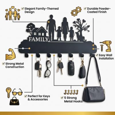 Image of Metal Key Holder Wall Mount - 7 Hooks | Decorative Key Rack & Organizer, Sturdy Hanger for Keys | Stylish Metal Wall Decor Key Hanger for Entryway, Kitchen, Hallway & Room Decor, Gift