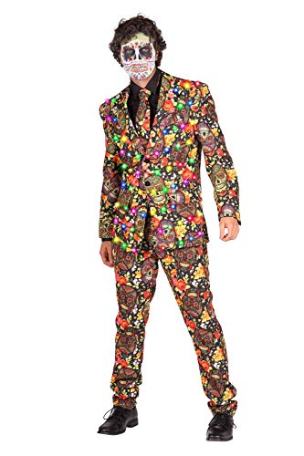 Tag der Toten Kostüm Herren 3-Teiliger Anzug mit LEDs I Mexikanisches Halloweenkostüm Rot Gelb mit Totenköpfen I Day of The Death Dia de los Muertos I Rot Gelb M (50)