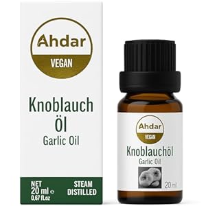 Premium Knoblauchöl 20 ml, 100% naturrein, ohne Zusatzstoffe & kaltgepresst im Glasflasche lichtgeschützt, 99% echtes Knoblauchöl für Massage, Pflege & Lebensmittel geeignet