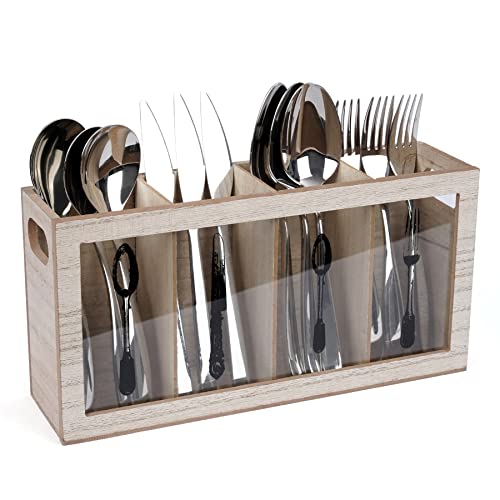 LONGBLE Range-couverts à 4 compartiments pour table - Porte-couverts en bois et verre - Porte-couverts pour rangement de couverts - Porte-couverts Party (paysage) Cover
