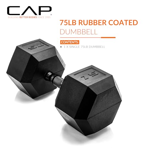 Image of CAP Rubber Coated Dumbbell Weights, Free Weights for Home Gym Strength Training, Anti-Roll Hex Dumbbells with Black, Chrome & Comfort Grip Handles, Singles