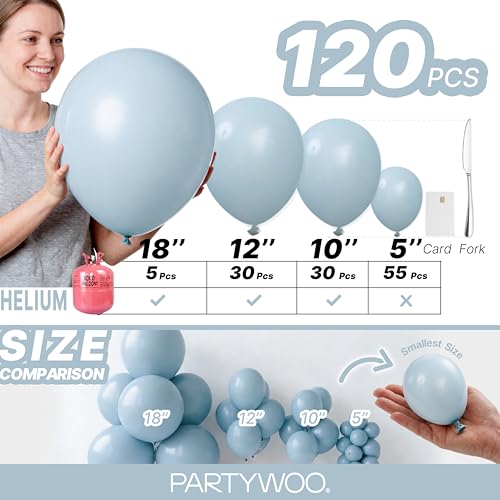 Image of PartyWoo Dusty Blue Balloons 120pcs Light Blue Aqua Boho Different Sizes | 18 12 10 5 Inch Balloons for Graduation Gender Reveal Birthday Bridal Shower Wedding Anniversary Party Decorations Blue-F28