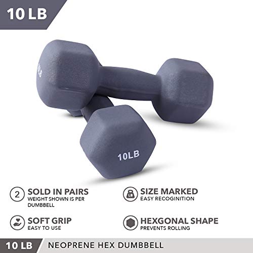 Neoprene Dumbbell Pairs by Day 1 Fitness – 10 Pounds - Non-Slip, Hexagon Shape, Color Coded, Easy To Read Hand Weights for Muscle Toning, Strength Building, Weight Loss