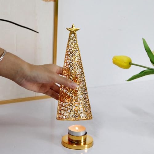 HpLive Portavelas de metal para árbol de Navidad, diseño geométrico de círculos, decoración dorada para mesa festiva y ambiente acogedor (L)