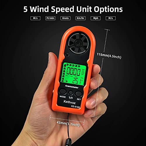 Image of Anemometer Handheld Wind Meter, Kethvoz Wind Spped Gauge 816B Anemometro Measure Air Velocity, Wind Temperature for HVAC Air Vent, Outdoor Sailing Surfing Drone Golf