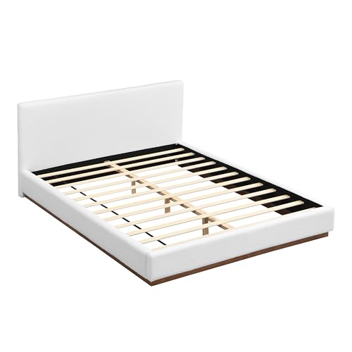 Image of Merax Queen Size Boucle Upholstered Bed Frame with Thick Headboard, Modern White Upholstery Platform Bed for Bedroom, Apartment, Solid Wooden Slats Support, No Box Spring Needed, Low Profile Design