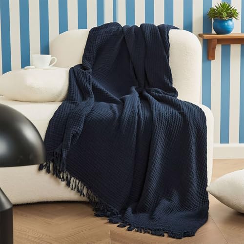 AMZTOP 100% Cotton Gauze Blanket 4-Layer Muslin Navy Blue Breathable