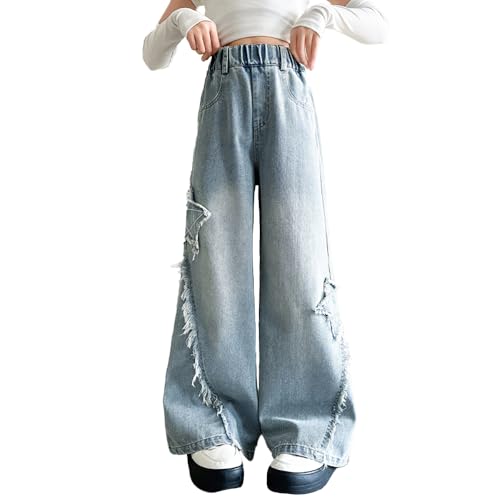 Tween Girls Baggy Jeans-Wide Leg Star Embroidered Denim Pants with Pockets, Elastic Waistband Jeans for Girls2