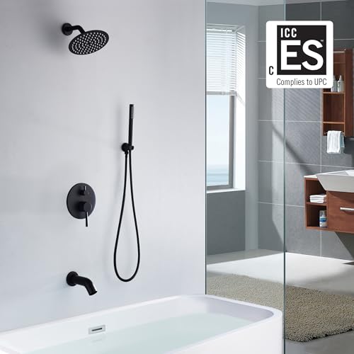 Image of Matte Black Rain Shower Systems with Waterfall Tub Spout, Shower Faucets Sets Complete with 8 Inches Rain Shower Head and Handheld