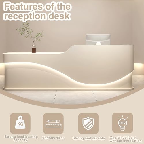 L-Shaped Reception Desk - Modern Reception Desk, Retail Counter and Checkout Desks with Storage Counter and Concealed LED Lighting. No Assembly Required, for Offices, Shopping Malls or Beauty Salons