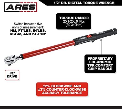 Image of ARES 43001-1 /2-Inch Drive Digital Torque Wrench - 25.1-250.8 ft-lb (30-340 Nm) Electronic Reversible Ratchet, Audio /Visual Multi-Alert, ±2% Accuracy - For Auto, Motorcycle, Mechanics