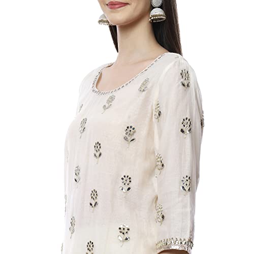 Image of BIBA Women Cotton Straight Embroidered Suit Set