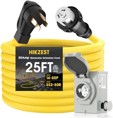 50 Amp Generator Cord And Power Inlet Box, 25ft Generator Power Cord, 125V/250V Generator