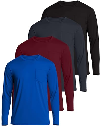 Real Essentials 4 Pack: Men's Dry-Fit Active Athletic Long Sleeve Pocket Crew T-Shirt Outdoors UPF 50 (S-5XLT)