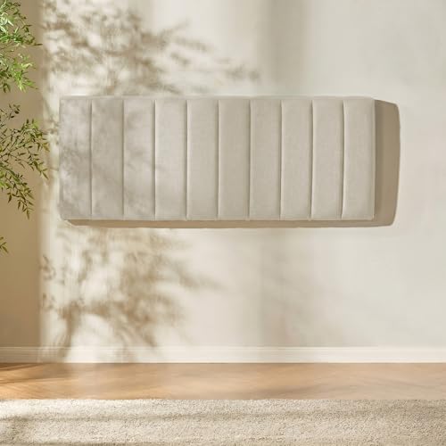 Image of Hearth & Harbor Wall Mounted King Headboard Only, Bed Headboard King Size | Easy Assemble, Floating Peel and Stick, Upholstered, Channel Stitched, 3D Wall Panels, 5 Strips of 3M Tape Included, Linen