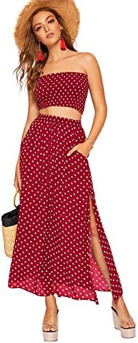 Floerns Women's Summer Printed 2 Piece Outfit Crop Tube Tops and Split Long Skirt Set Red Dots XL