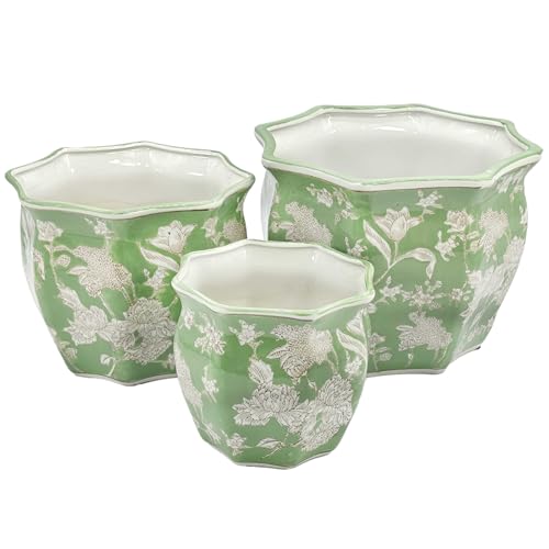 Galt International Green & White Round Fluted Floral Porcelain Ceramic Plant Flower Planter Pot Set...