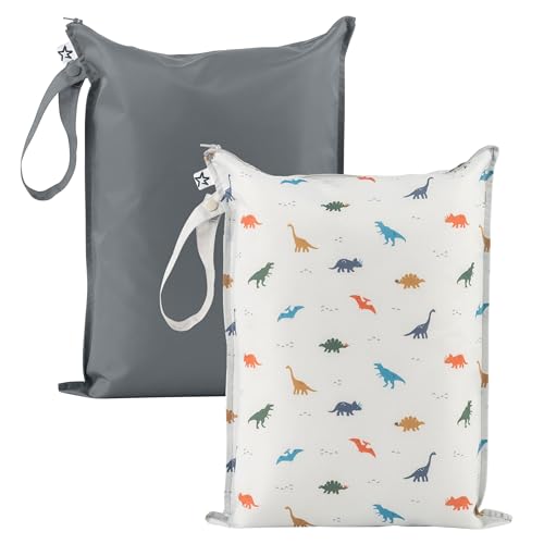 Image of Tiny Twinkle Mess Proof Wet Bags | 2-Pack Reusable Waterproof Wet Bags for Swimsuits | Baby Clothes | Travel & Diaper Bag (Dinosaur)