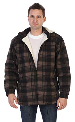 Gioberti Mens Sherpa Lined Flannel Jacket with Removable Hood, Brown/Black, XXL