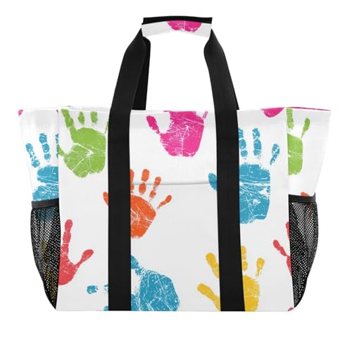 Colorful Handprint Patterns Beach Tote Pool Bags for Women Ladies Large Waterproof Gym Tote Carry On Bag for Weekender Swim Gym Shopping Travel Daily Bag