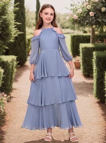 Chiffon Junior Bridesmaid Dress Tiered Halter Cold Shoulder Sleeve Long A-Line Princess Pageant Flower Girl Dress3