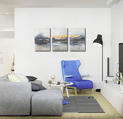 Rtriel Abstract Mountain Canvas Wall Art Modern Watercolor Prints With Hand Embellishment Dark Blue And Gold Pictures For Living Room Bedroom Home Decor 16 X 24 Inches 3 Pieces #TOP4