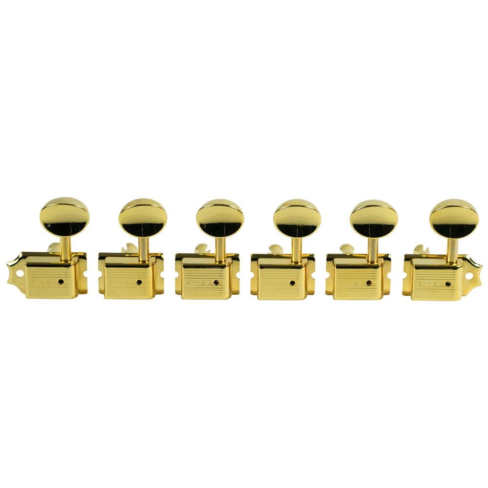 Kluson 6 In Line Left Hand Deluxe Series Tuning Machines - Single Line - SafeTi Post - Gold With Oval Metal Buttons