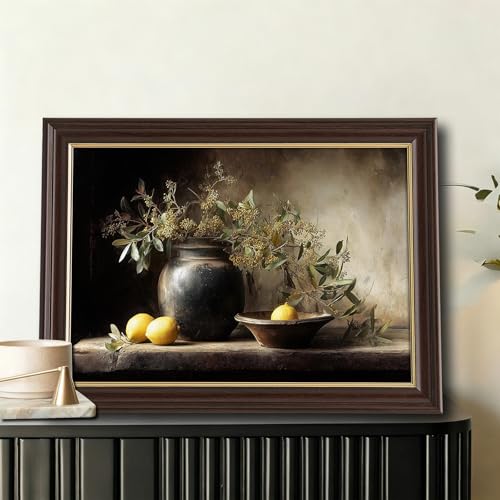 Image of Framed Vintage Lemon Still Life Canvas Wall Art, Rustic Pottery Vase with Olive Branches Canvas Prints Pictures, Farmhouse Kitchen Wall Decor for Living Room Bedroom Dining Room