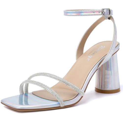 Image of RIBONGZ Block Heels Prom Heeled Sandals for Women Chunky Square Open Toe Strappy High Heels Ankle Strap Wedding Bridal Shoes High Heel Sandals for Party Dress