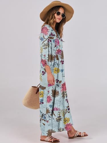 Image of ANRABESS Womens Boho Floral 3 /4 Puff Sleeve Maxi Dress | Tiered Flowy Loose Fit, Comfy Soft Rayon Fabric, Wedding Guest Church Beach, Modest Elegant, Spring Summer Fall Outfits