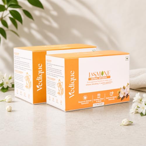 Vedique Jasmine Herbal Infusion Tea | Stress Relief, Sleep Support & Bloating Relief | Helps Reduce Water Retention & De-Puff | Calming Caffeine-Free Tea | 20 Bags | Pack of 2