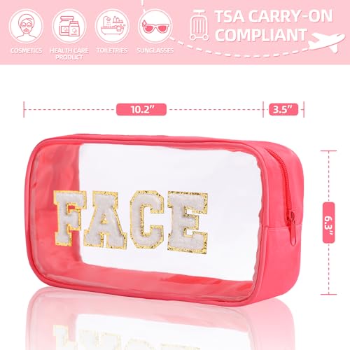 4 Pack Clear Makeup Bags with Chenille Letters, Travel Toiletry Organizer for Hair, Face, Skin, Stuff - Cosmetic Pouch Set for Girls, Kids - Birthday, Graduation, Teacher Gifts, Summer Travel4