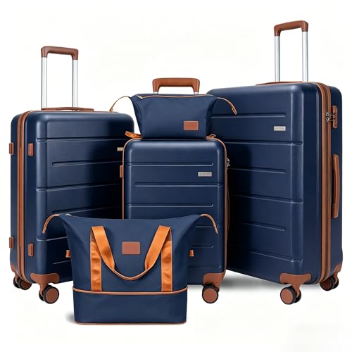 Image of 5 Piece Luggage Sets, Suitcases with Wheels ABS Hardshell Carry-On for Family and Business Travel | TSA Lock, 360 Silent Spinner Wheels(20 /24 /28 /DB /TB Navy)