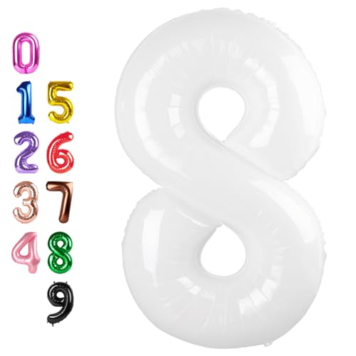 Image of 8 Balloon 40 inch White Number Balloons for 8th Birthday Party Decoration | Saturated Color, Large 40 inch, With Inflation Straw & Hanging Hole, Great for Bridal Party, Wedding, Thanksgiving, Christmas