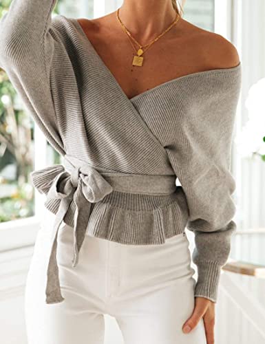Image of ZESICA Women's Fall 2026 Wrap V Neck Long Batwing Sleeve Belted Waist Ruffle Knitted Sweater Pullover Top