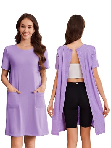 Deyeek Hospital Gowns for Women Open Back Tear Away Snap Nursing Dress Short Sleeve Soft Adaptive Clothing With Pockets