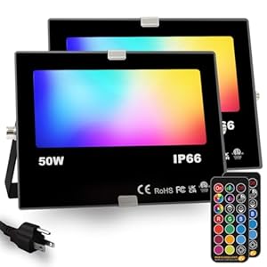 RGB Led Flood Light 50W, Outdoor Color Changing DIY Customized Strobe Mode, Stage Landscape Lighting,Floodlights 12 Colors & 4 Modes, Remote Control Included, Timing IP66 Waterproof (2 Pack)