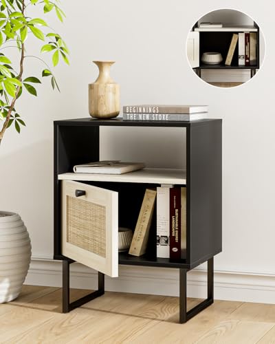 Image of Rattan Nightstand, Boho Night Stand Farmhouse Wood Bedside Table with Storage and Open Shelf, End Side Accent Table for Bedroom,Living Room,Black and Oak
