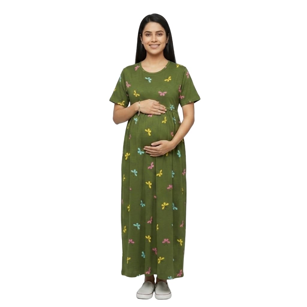 Womens Cotton Maternity Feeding Maxi Dress Green Zipless Nursing Gown with Pocket Soft Breathable Pregnancy Hospital Wear-picture-26